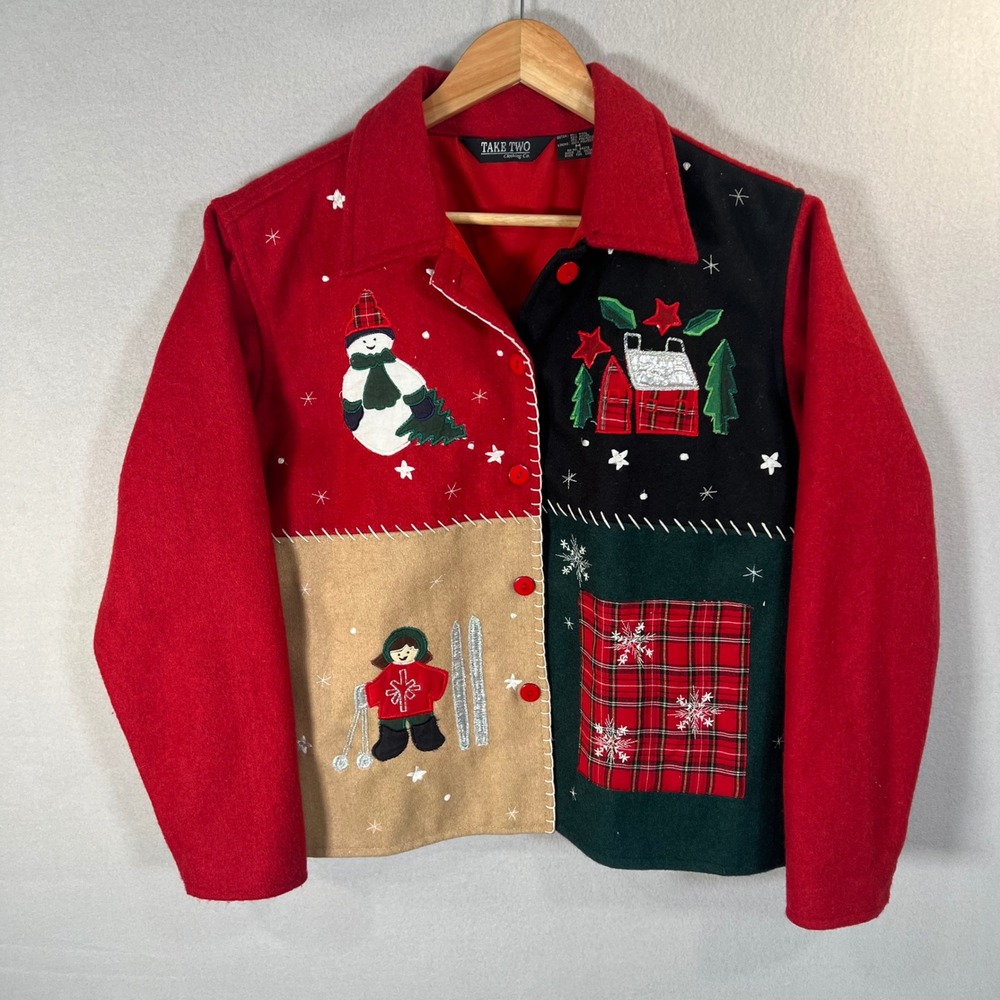 VTG‎ 90s Red Wool Blend Holiday Patchwork Folk Art Whimsical Nostalgic Jacket M